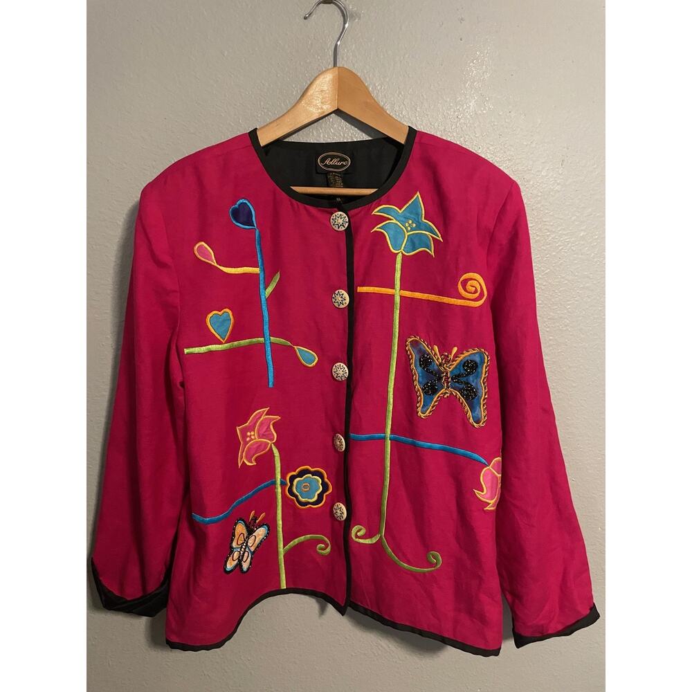 VTG Allure Jacket Womens XL Pink Butterfly Floral Embroidered Button Artsy Boho